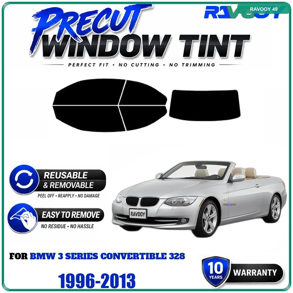 Precut Window Tint, Reusable Removable EPU Film, Custom Fit for Bmw 3 Series Convertible 328 1996-2013, UV Heat Protection