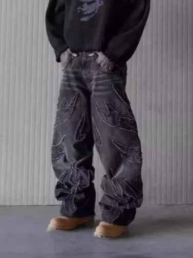 

Men Denim Pants Jeans Spliced Wide Leg Pants Long Jean Patchwork Pockets Streetwear Mid Waist Washed Distressed Pant Vintage