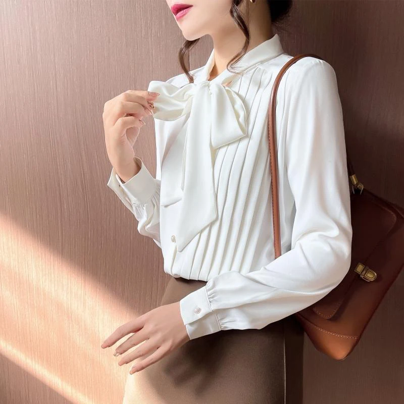 Women Bow Tie Ruffled Designer Elegant Chic Shirts Fashion White Office Lady Business Casual Blouses Long Sleeve Tops Blusa Ropa