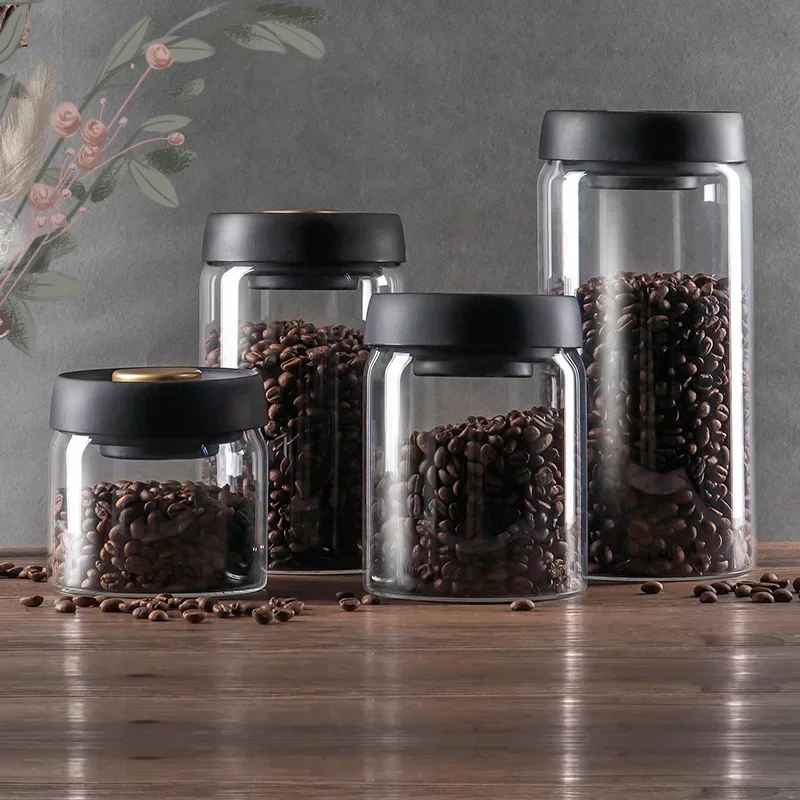 Jarra sellada al vacío de vidrio para granos de café, recipiente hermético de almacenamiento de alimentos, dulces, accesorios de cocina, frascos,