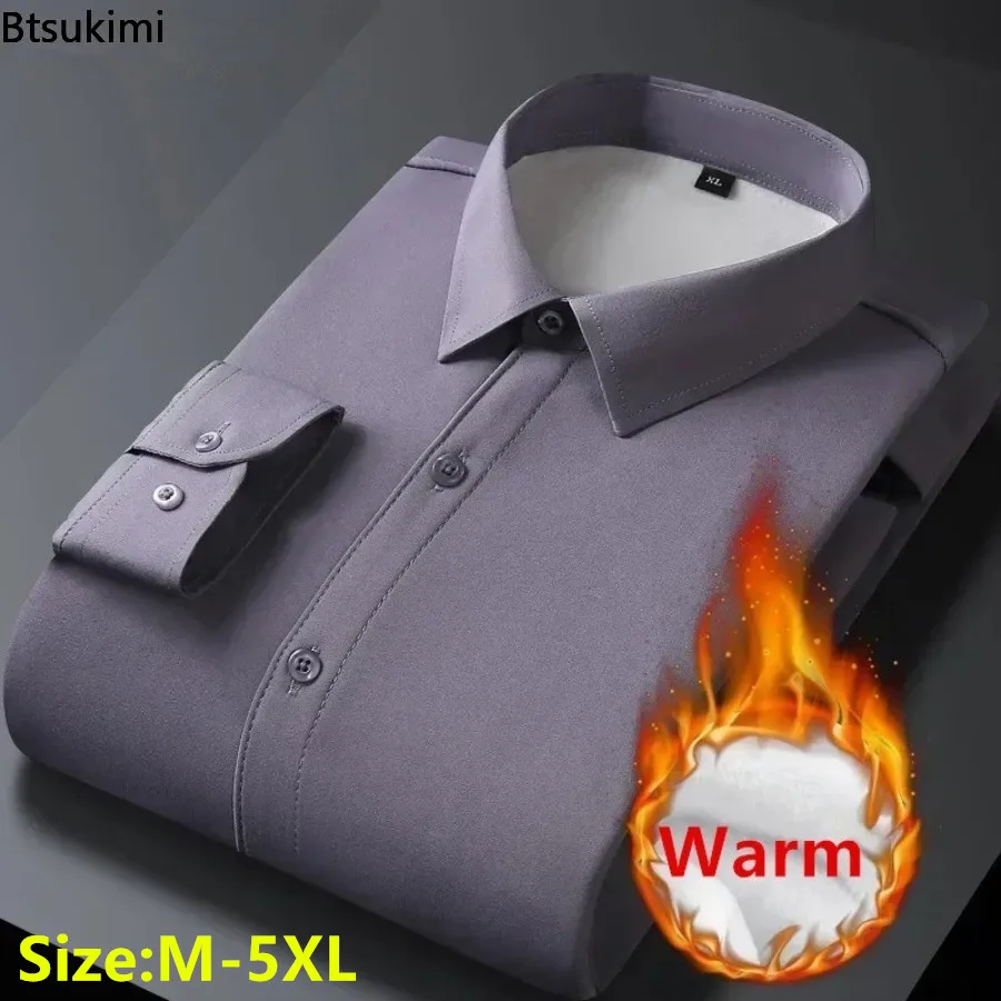 2024 High Quality Warm Dress Shirts Autumn Winter Men's Thick Fleece Long-sleeved Casual Business Formal Shirt Men Social Shirts