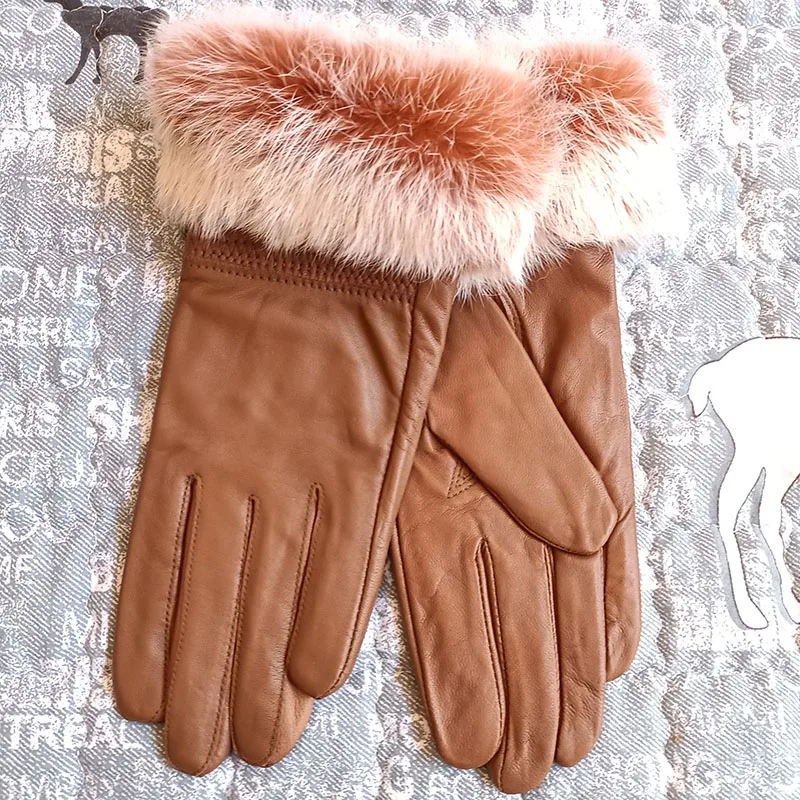 HSPL Genuine leather gloves female thickening leather gloves women\'s rabbit fur sheepskin thermal gloves