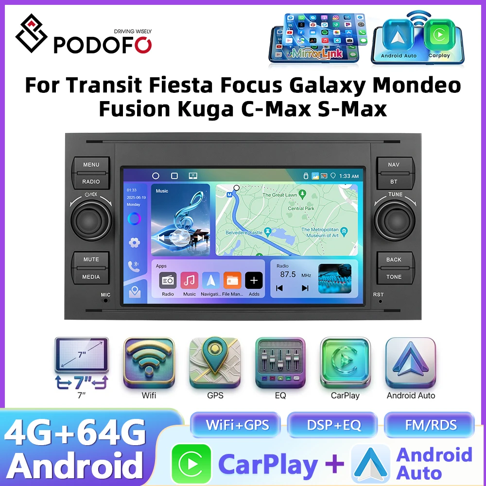 PODOFO 4+64G Wireless CarPlay Android Auto Ford Double DIN GPS Head Unit