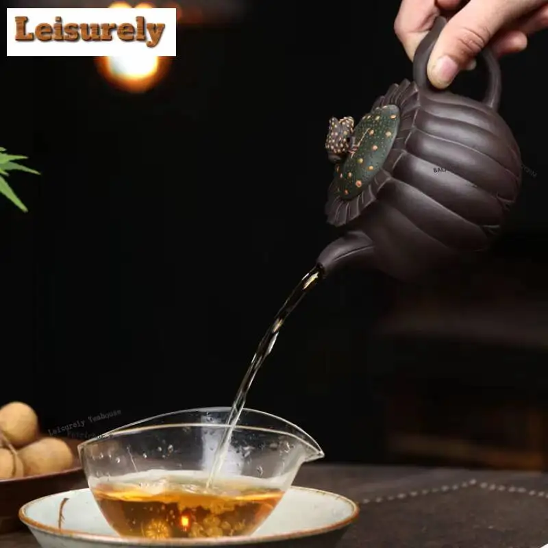280ml Vintage Yixing Purple Clay Teapots Handmade Insect Interest Chrysanthemum Petals Pot Raw Ore Mud Kettle Zisha Tea Set Gift