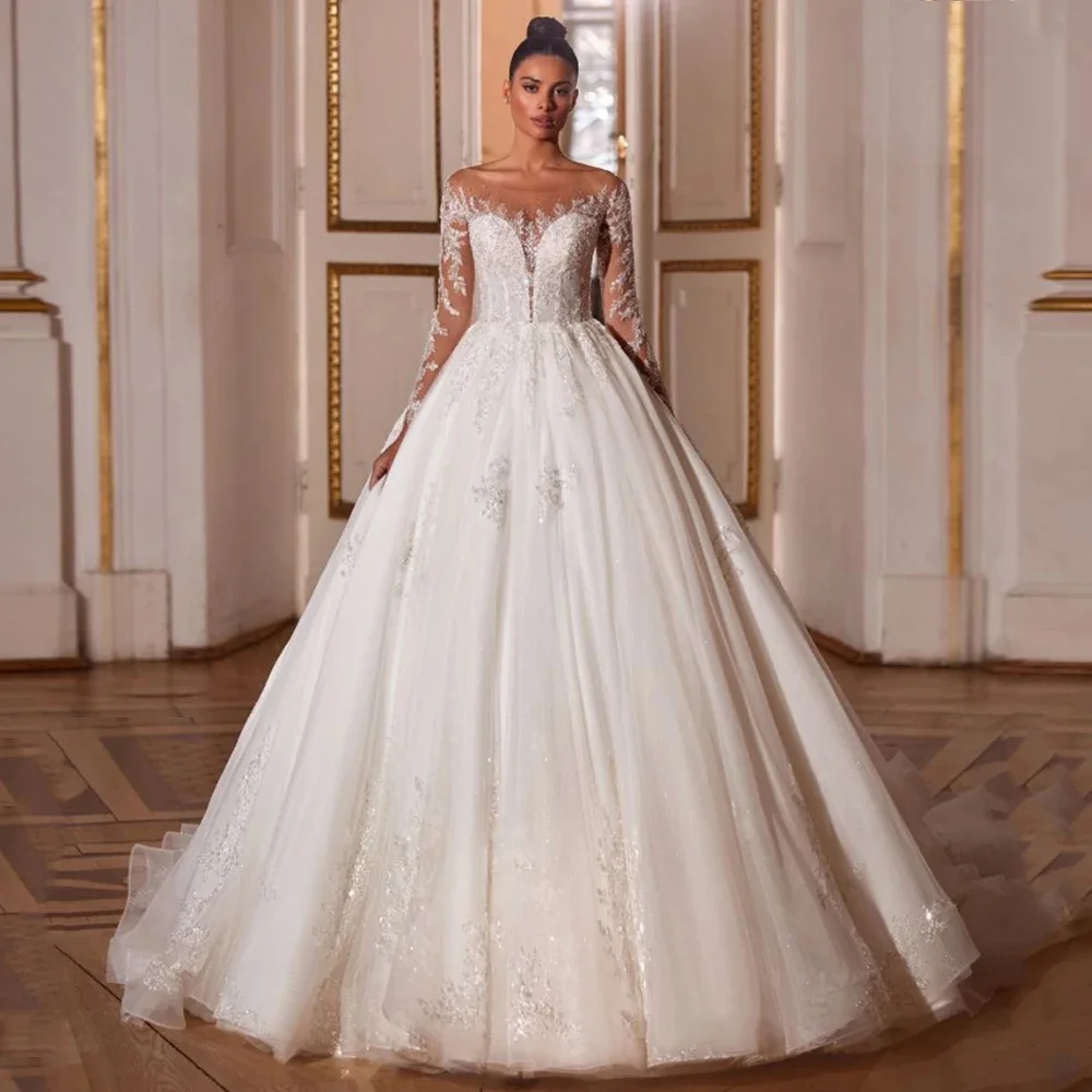 

Vestidos De Novia с длинными рукавами по индивидуальному заказу, сверкающие кружевные свадебные платья с овальным вырезом и бисером, аппликации, Vestido De Noiva