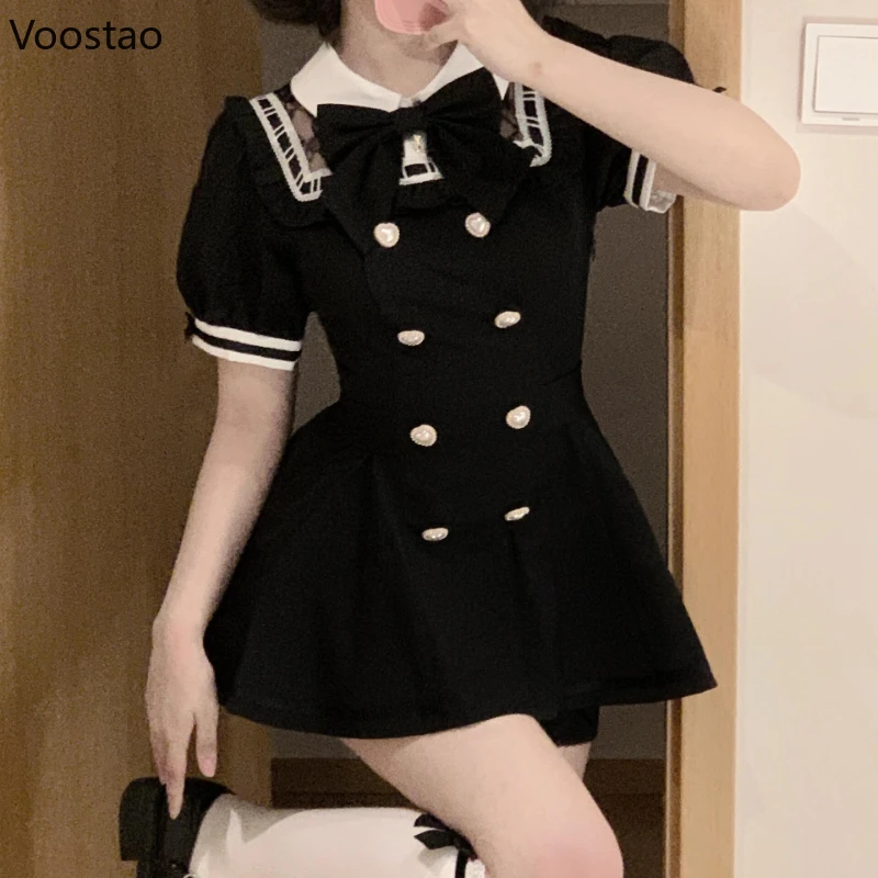 Japanese Gothic Lolita Style Two Piece Set Women Y2k Bow Puff Sleeve Slim Tops Black Shorts Suit Female Korean Elegant Outfits