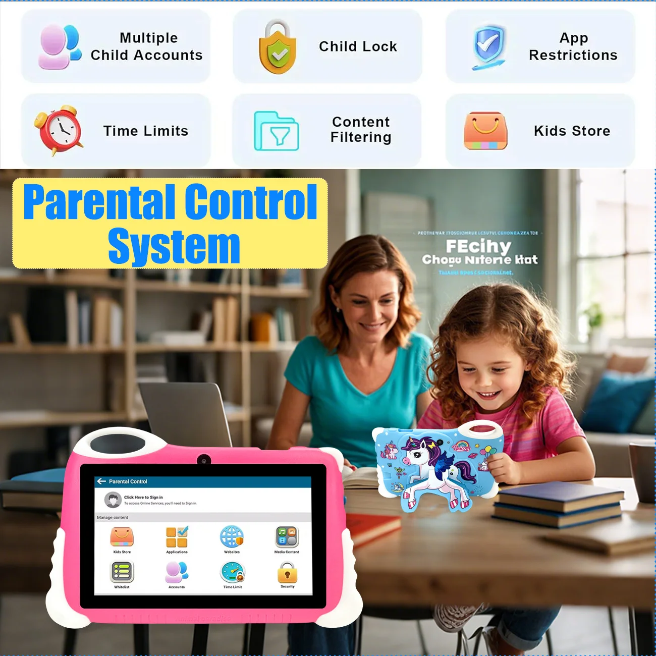 Tablet infantil Android 12 de 7 polegadas, tablet educacional com câmeras duplas, projetado para meninos e meninas como aniversário divertido, presentes de Natal