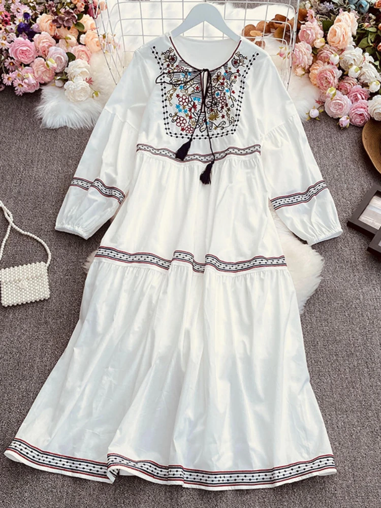 ผู้หญิงวินเทจ Boho ชุดชาติพันธุ์เย็บปักถักร้อย O-คอ Fringe LACE-up พัฟแขนขนาดกลางถึงยาวแฟชั่นหญิงชุด