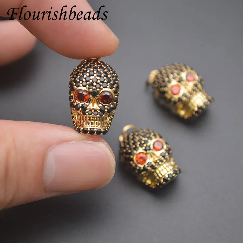 12x17mm Luxury Paved Black CZ Beads Gold Color Metal Skull Head Charms Pendant  DIY Jewelry Making