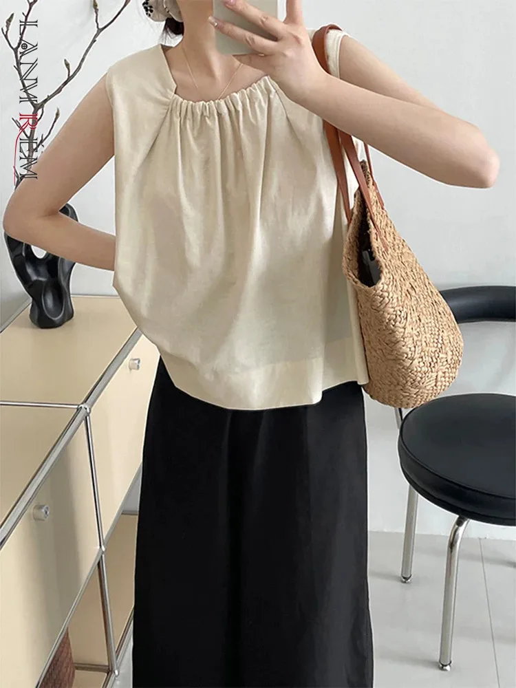 

LANMREM Fashion Cotton And Linen Vest For Women Square Collar Sleeveless Solid Color Loose Tops Casual 2024 Summer New 2Z1635
