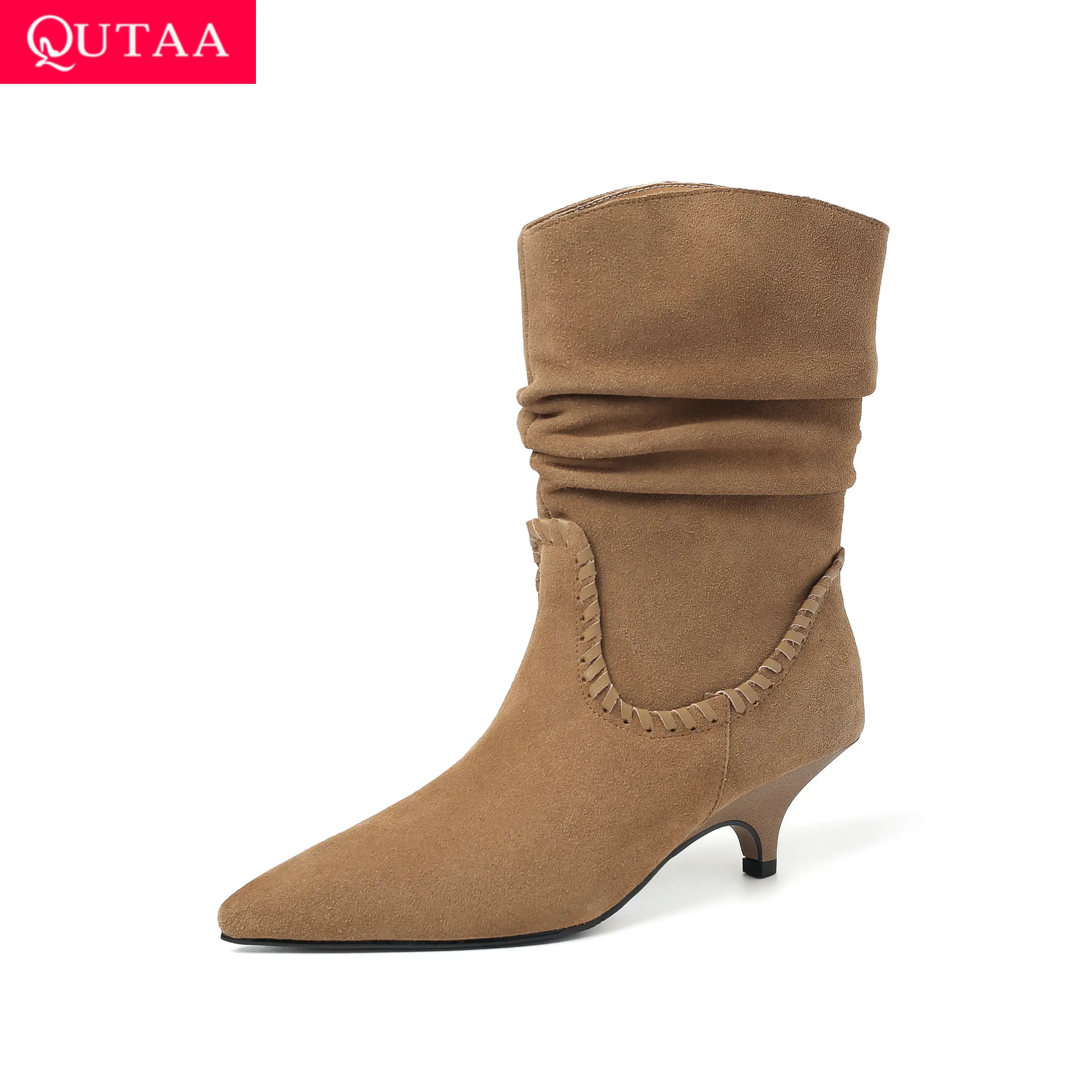 QUTAA Fashion News Cow Suede Women Ankle Boots Autumn Shoes Winter Pointed Toe High Heels Warm Elegant Short Boots Dress 34-40