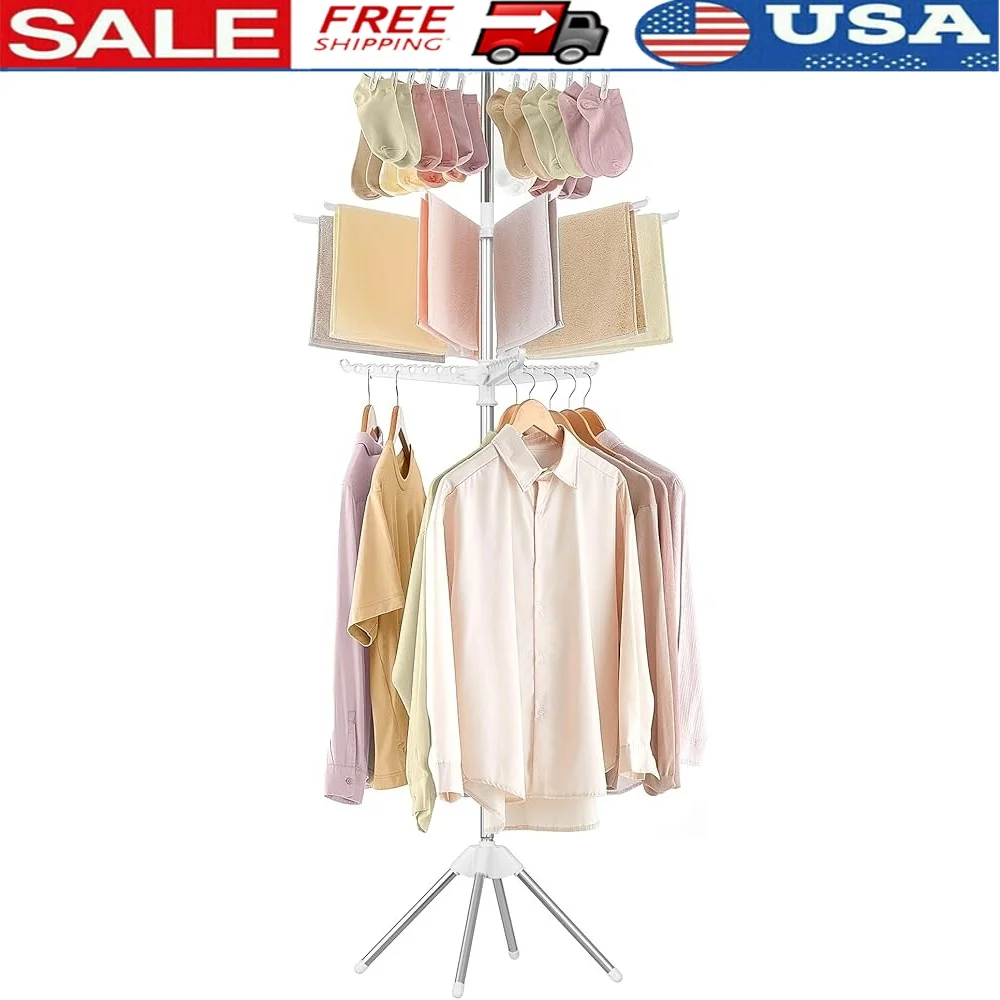 

3-Tier Folding Laundry Drying Rack with 11 Rotatable Hangers Clips Stainless Steel Space-Saving Portable Clothes Air Drying