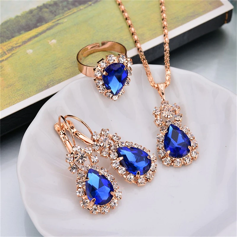 

Three-piece Ring Necklace Earrings Ins Droplet Jewelry Set Personalized Fashion Colorful Rhinestone Necklace Earrings Ring Set