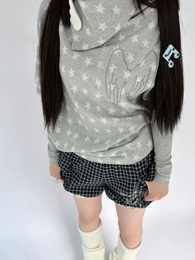 Harajuku Vintage Star Print Hoodie Frauen Casual Lose 2000er Jahre Subkultur Shirts Y2k Ästhetische Batwing Hülse Streetwear Sweatshirt