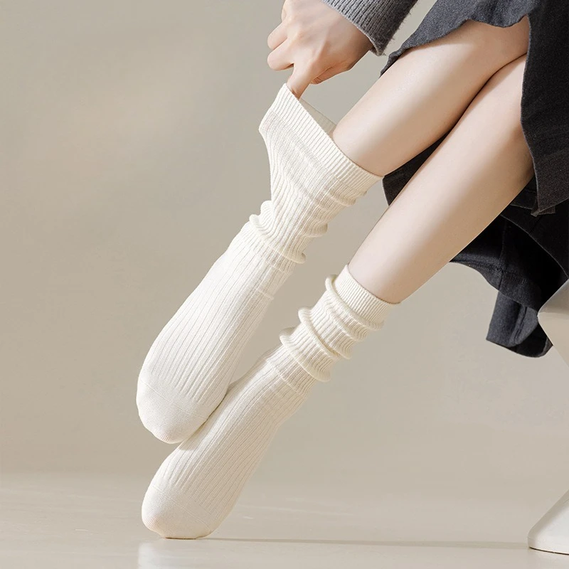 5 pares de calcetines de algodón puro para otoño e invierno para mujer, calcetines largos transpirables versátiles antibacterianos de color sólido para mujer