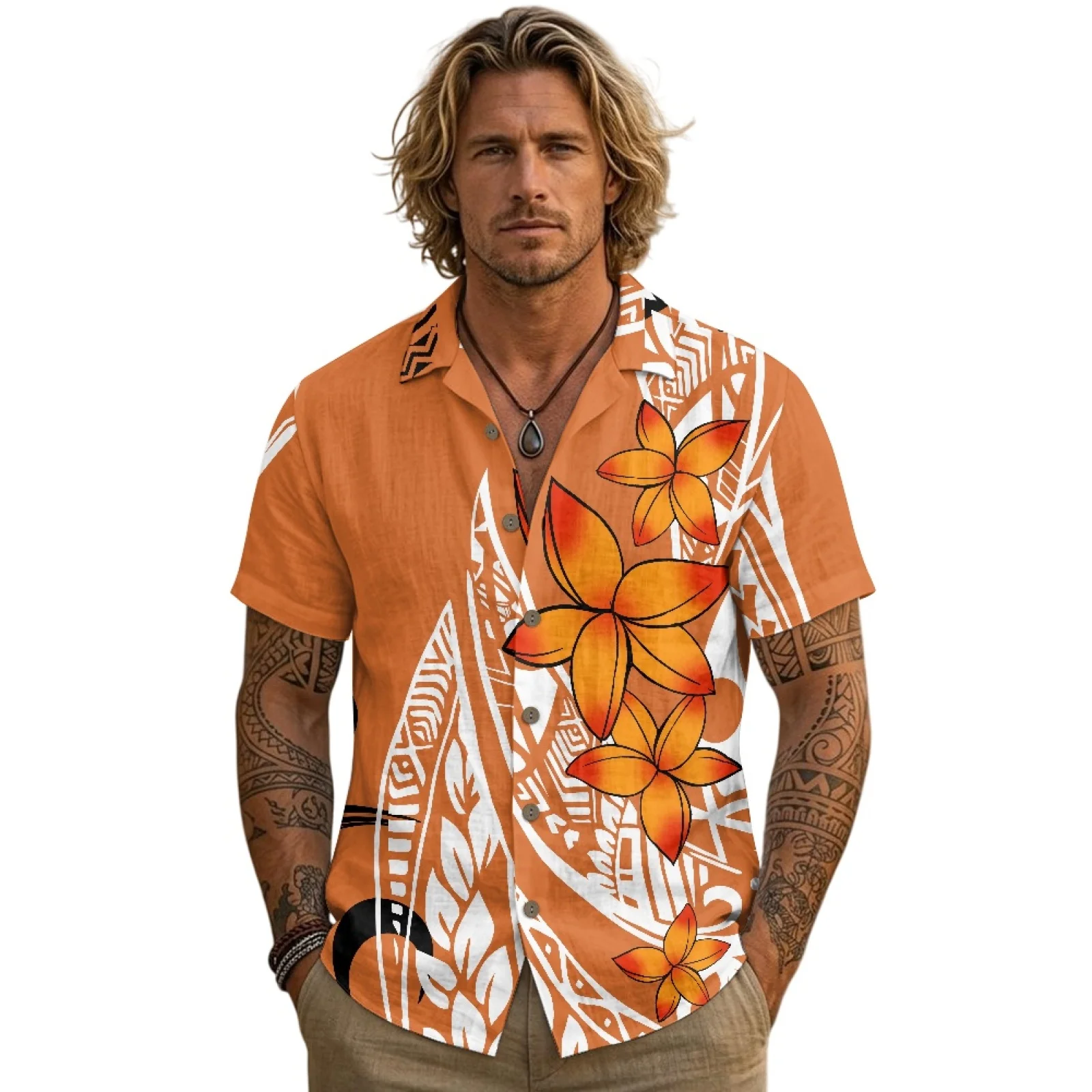 PENSTROLL Casual Linen Like Man Outfit Set Single Breasted Mens Hawaiian Shirt for Beach Plumeria