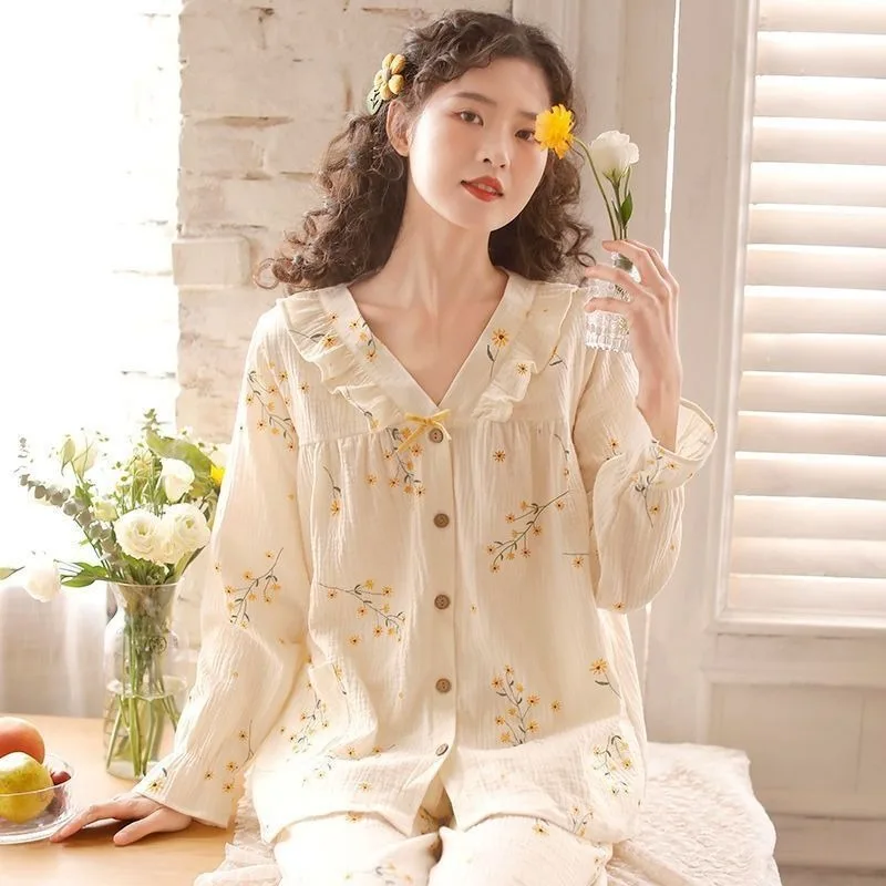 100% Pure Cotton Pajamas Women Spring Autumn Long Sleeved Loungewear Suit Ins Style Home Wear Famale Large Size Sleepwear Set