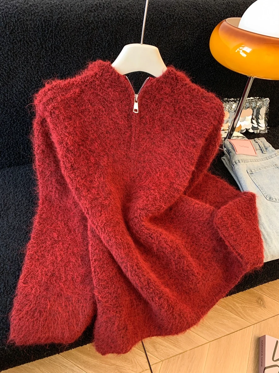 

Мягкий вязаный свитер-худи женский свободного кроя на молнии, удобный трикотаж для повседневной носки, зимний, с длинными рукавами, однотонный