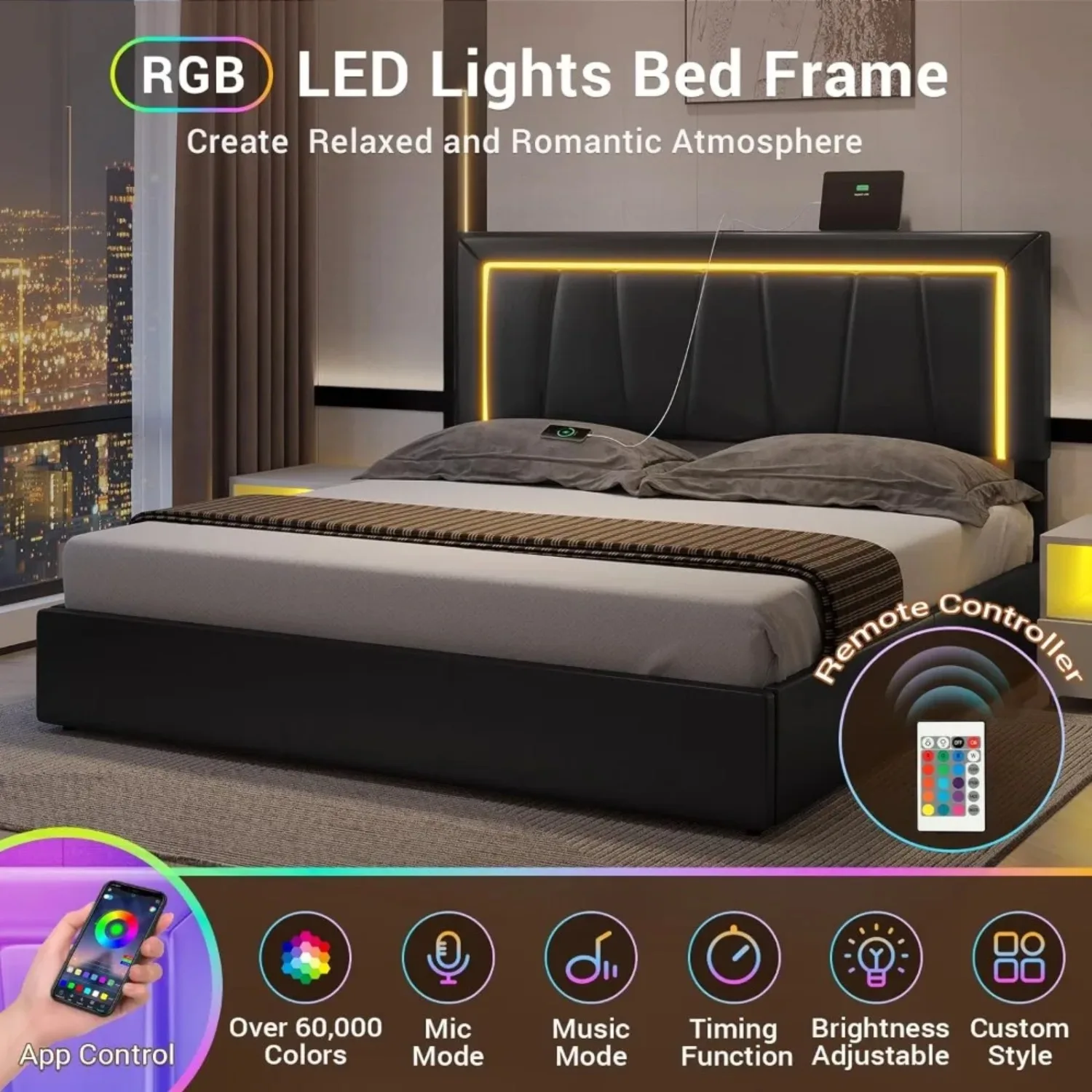 California King Bed Frame with 4 Storage Drawers and Led Lights Upholstered Platform Bed Frame with USB Ports and Headboar