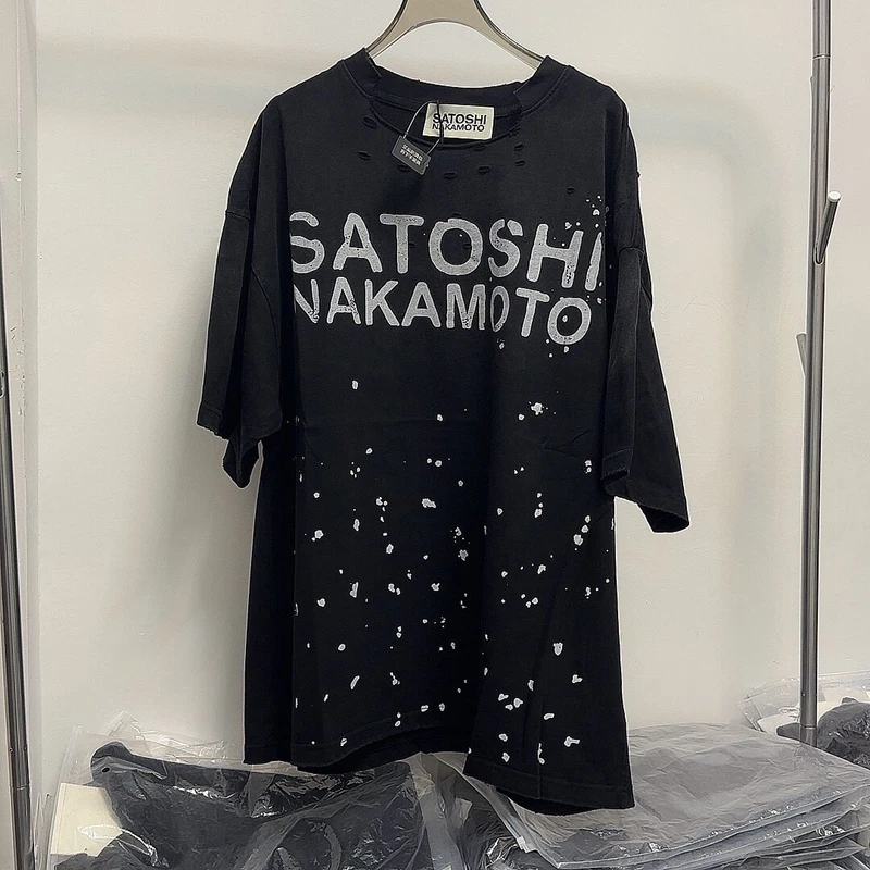 Real Photo Oversize SATOSHI Tshirts Washed Worn Holes Irregular Ink Splashing Fading Letters Round Neck Short Sleeve Men Women