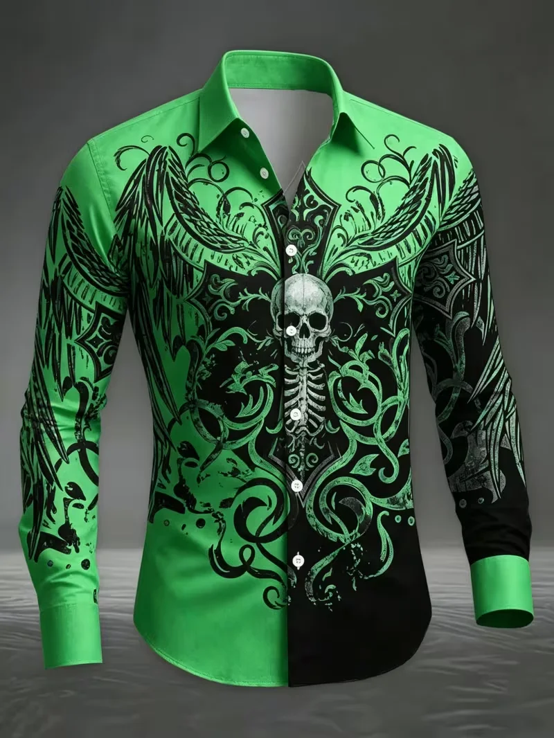 New men's gold-plated thorn rose printed long sleeved shirt with drape satin trend men's lapel cardigan top