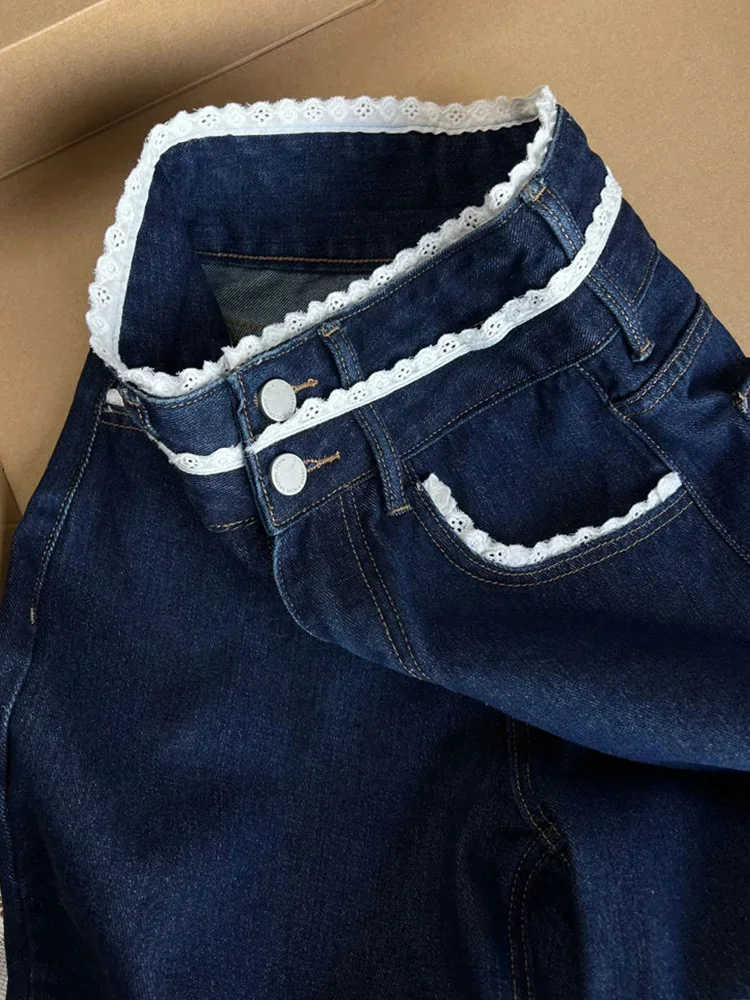 جينز نسائي خريفي موديل 2025 عتيق بالدانتيل الأزرق Y2K جينز نسائي عالي الخصر فضفاض وواسع الساق من قماش الدنيم بنطلون مستقيم غير رسمي