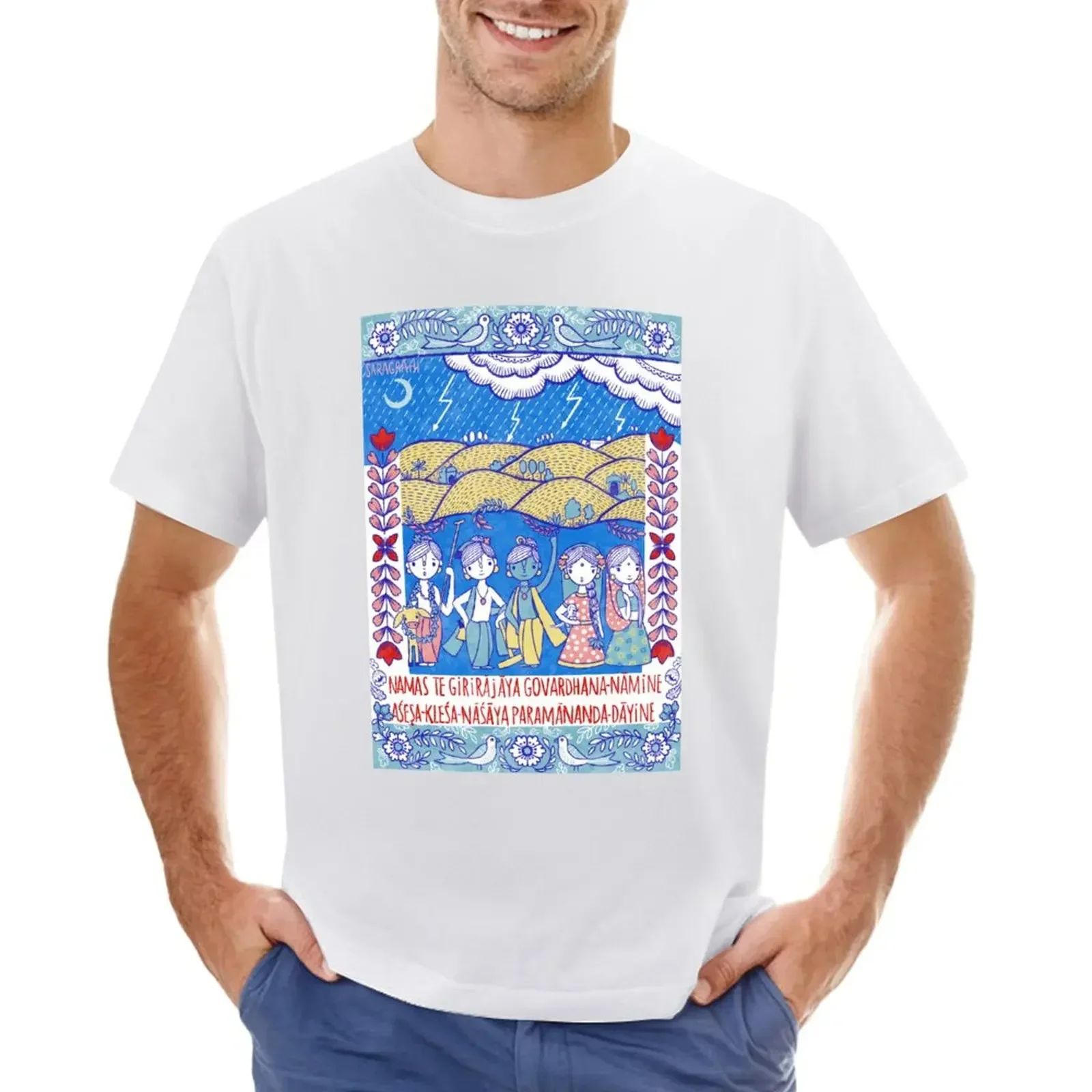 Krishna lifting Govardhana hill. T-shirt sublime Aesthetic clothing customizeds mens plain t shirts