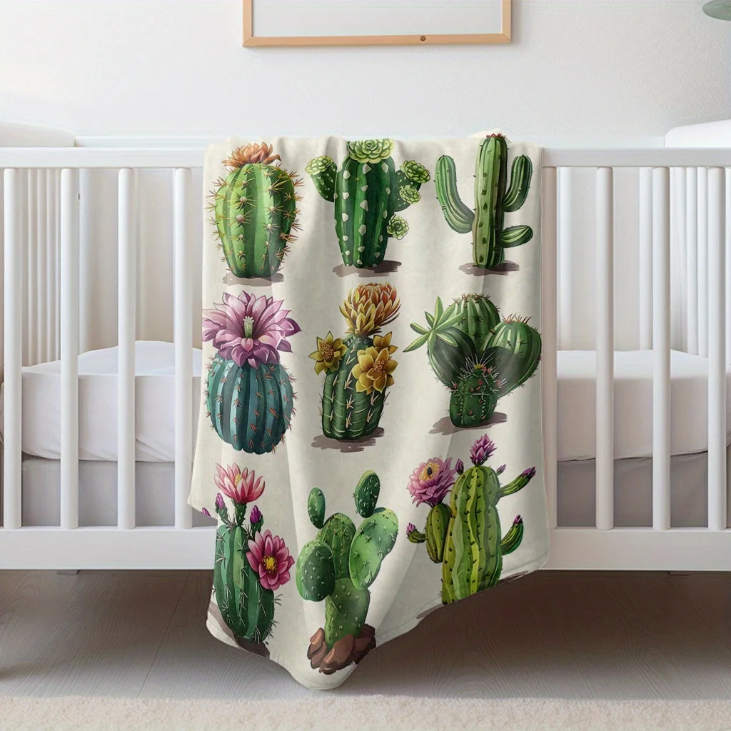 Vibrant Cactus Print Flannel Blanket - Soft, Warm, and Lightweight Perfect for Bed, Sofa, Beach, Camping, and Office Use