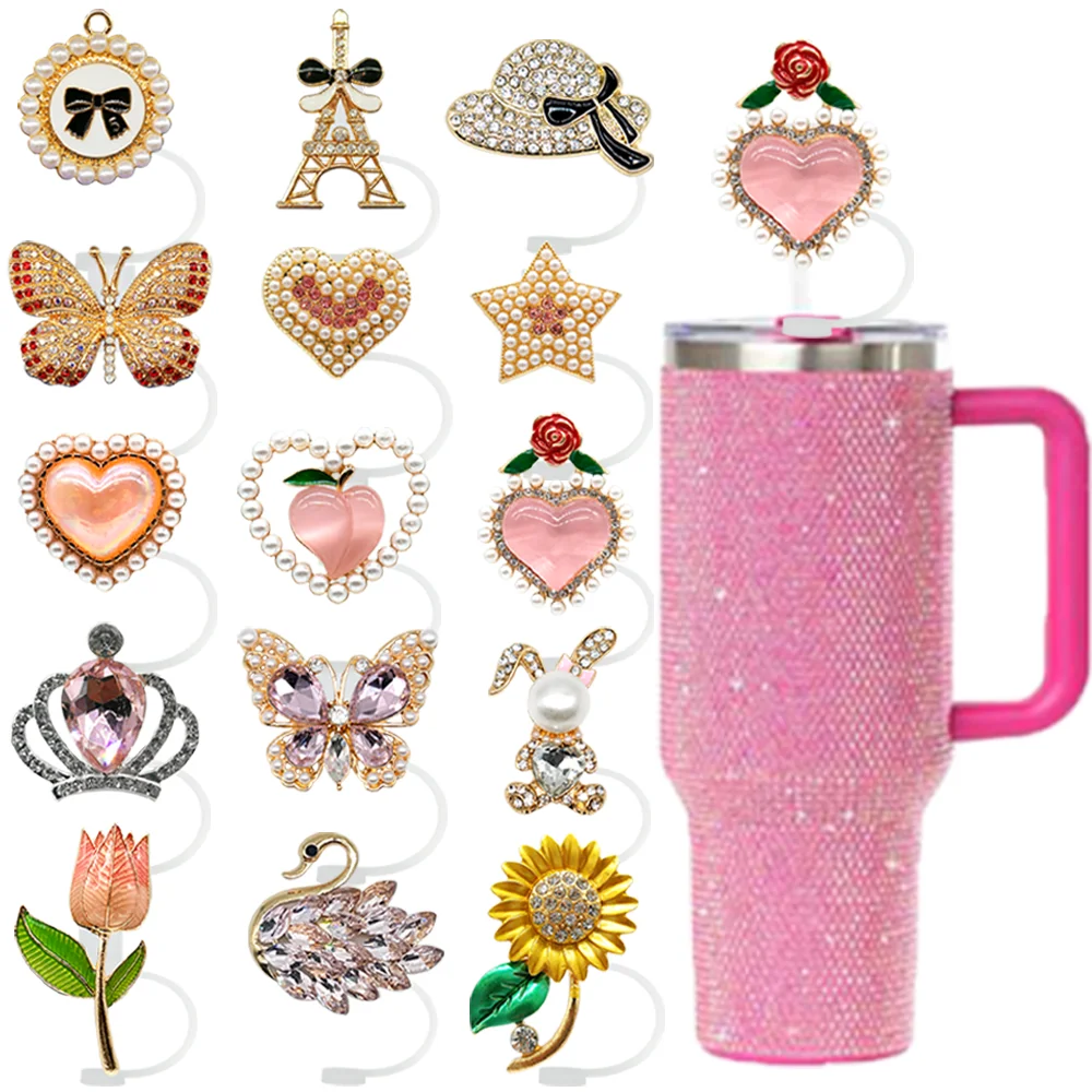 8MM Silicone Straw Cover Cap Metal Decoration,Crystal Heart Butterfly Straw Topper for Cups Accessories,Dustproof Straw Cap