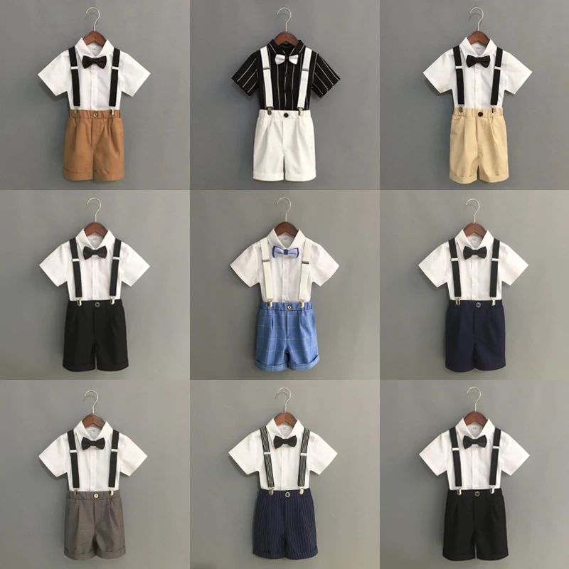 Summer Boys Strap Dress Suit Set New Children's Kindergarten Performance Piano Host Costume Kids Shirts Shorts Bowtie Clothing