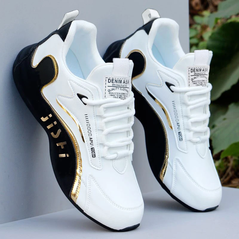 Men's Fashionable Sneakers – Casual Sneakers with Gold Accents, White Upper, Black and Gold Embellishments, Lace-Up Style, Perfect for Pairing with Casual Outfits and for Outdoor Activities