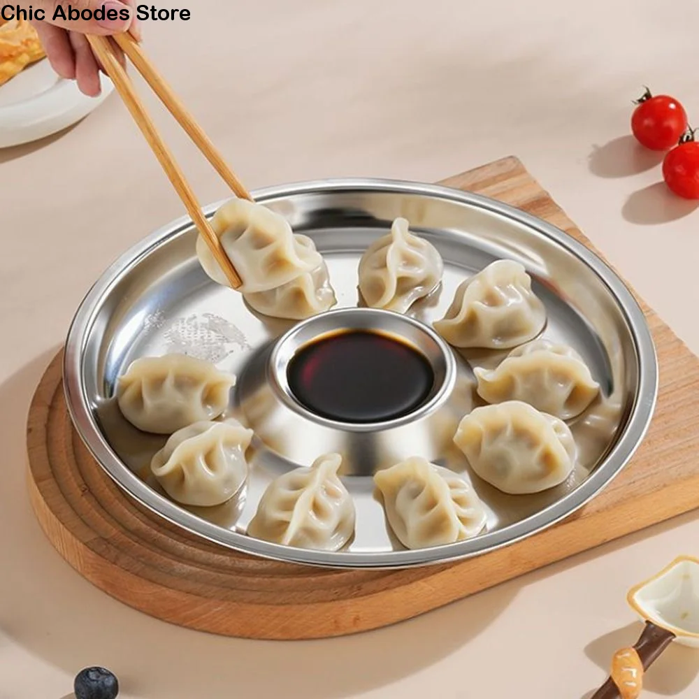 

Stainless Steel Dumpling Plate Drop-proof Circular Shape Snack Plate Convenient Tableware French Fries Plate Dessert