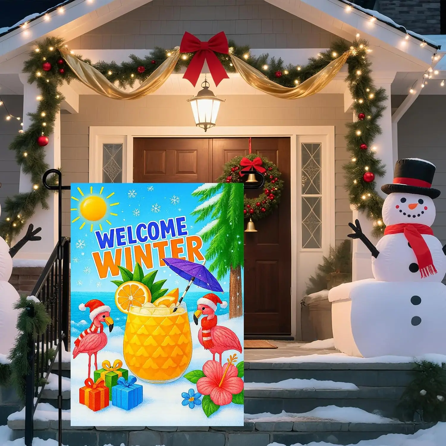 IVN Winter Garden Flag 12x18 Inch Double Sided Christmas Tropical Flamingos and Holiday Drink Outdoor Yard Flag for Outside  EEZ