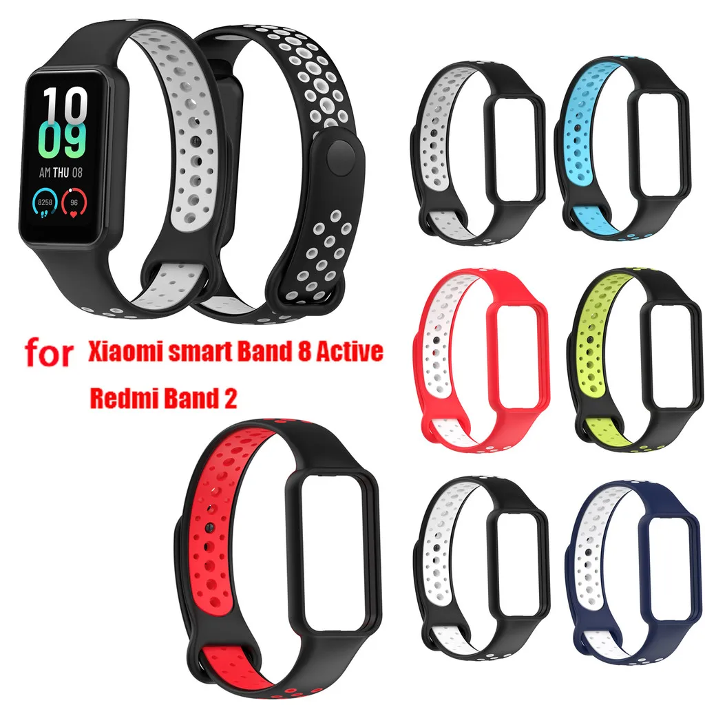 

Мягкий силиконовый ремешок для Redmi Band 2 Xiaomi Smart Band 8, активный дышащий двухцветный водонепроницаемый спортивный ремешок, модный браслет