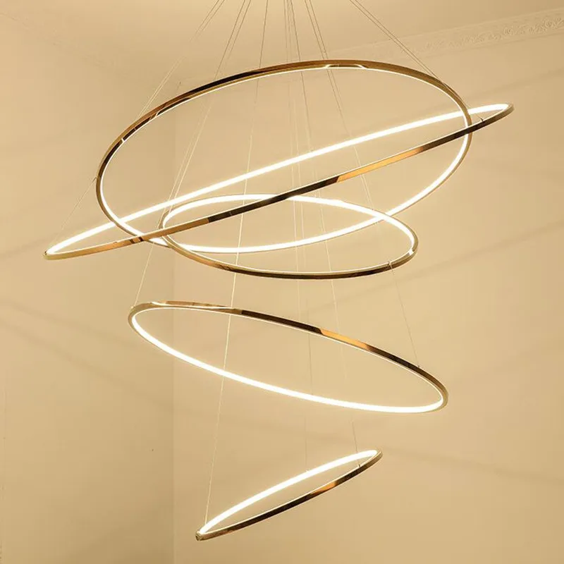 

Modern ring led chandelier for staircase luxury living room gold hanging light fixture long villa hallway lobby decor hang lamp