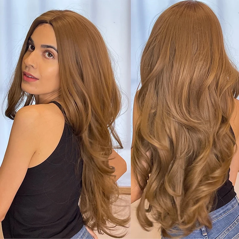 Long Wavy Lace Front Wigs Ginger Brown Natural Synthetic Wig Middle Part Preplucked Hairline High Temperature Fibres for Women