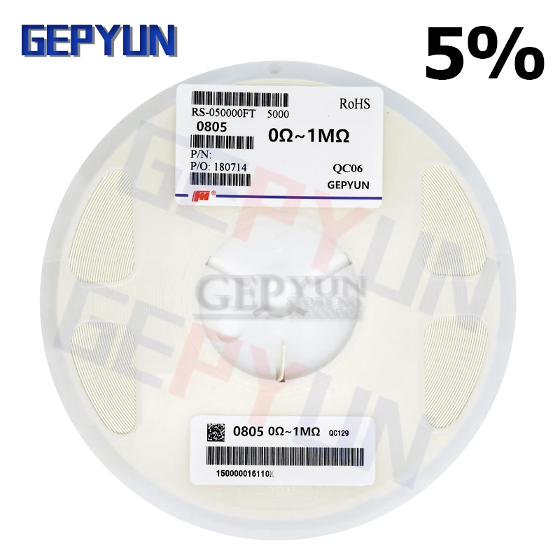 

1Reel (5000PCS) 0805 Resistor SMD 5% 0 ohm ~ 10M ohm 1K 2.2K 10K 100K 1 10 100 150 220 330 ohm Gepyun resistance