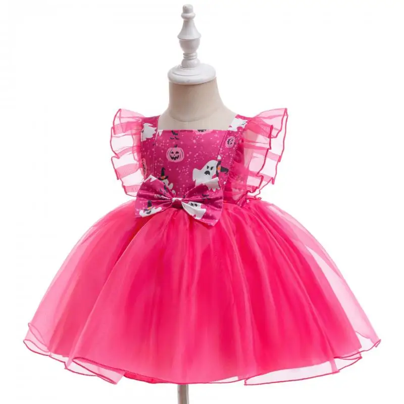 Christmas and Halloween New Rose Red Pumpkin Cartoon Printed Bow Sweet and Cute Flying Sleeve Party Cosplay Dress