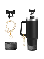 3pcs Accessories Set for Stanley Tumbler with Handle 1cm Straw Topper Cover Diamond Butterfly Charm Glitter Silicone Boot-Black
