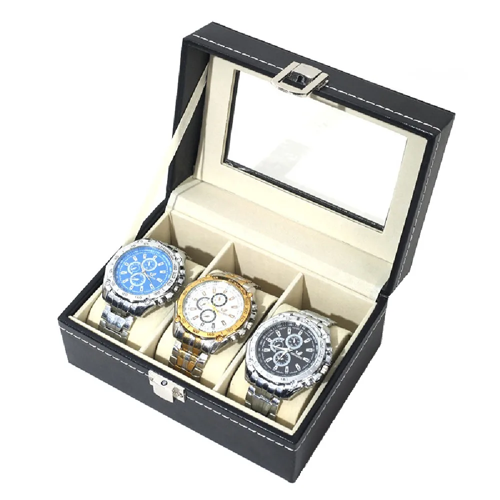 Lockable Watch Storage Box 2/3/6/10/12 Grids Removable Watch Pillows Jewelry Box with Large Glass Lid Leather Watch Display Box