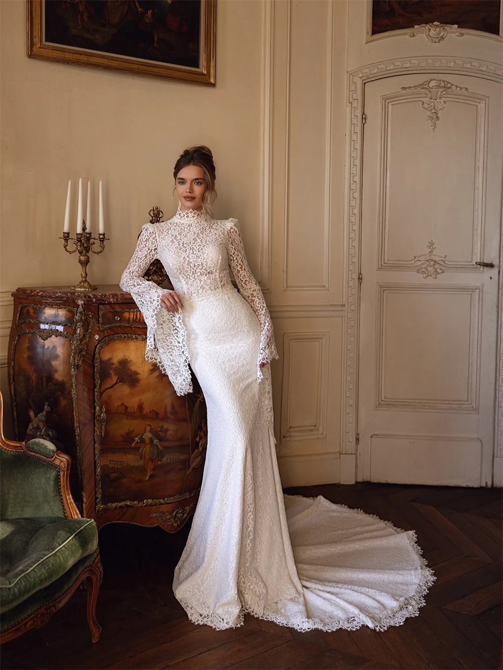 Customized Soft White Lace Wedding Dress Formal Boho O-Neck Long Sleeves Bridal Gowns Sexy Straight Court Train Vestido De Novia