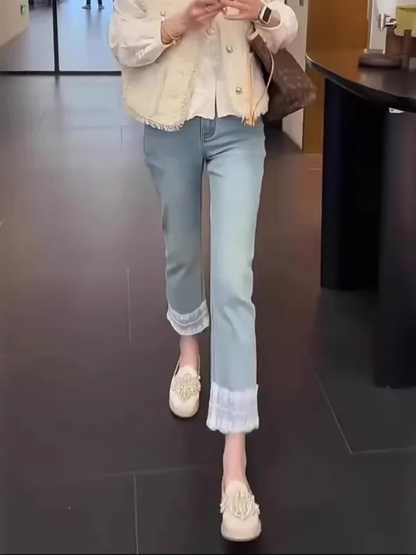 

New Chinese Style High Waist Straight Leg Denim Jeans Women's Spring Autumn plus Size Slimming Stretchy Micro Flared Jeans