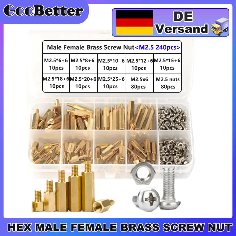 

240Pcs M2.5 Hex Brass Standoff Spacer Screw Nut Set Hexagon Pillar Assortment Kit Pcb Computer Motherboard Male Female Standoff