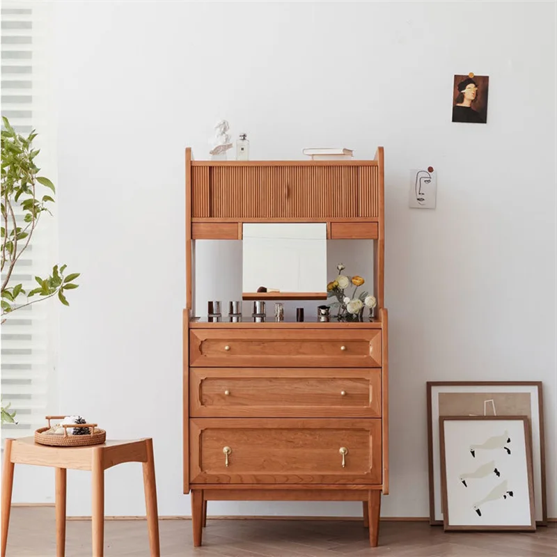 Mesa de maquiagem nórdica medieval, personalizável, nogueira preta, quarto, moderno, madeira de cerejeira, armário de armazenamento de parede integrado