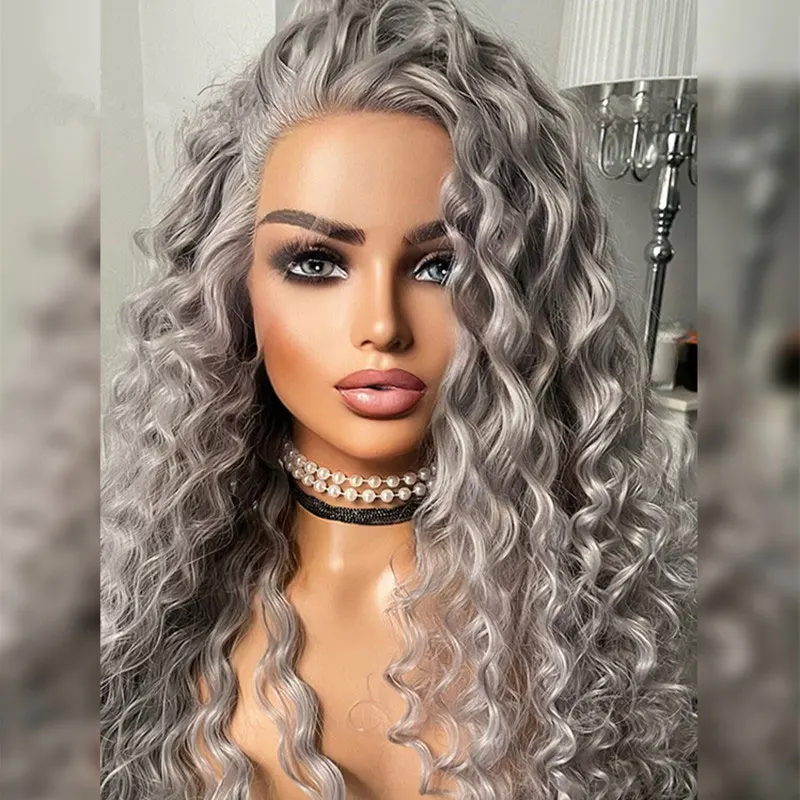 Bombshell Silver Grey Loose Curly Synthetic Lace Front Wigs Glueless High Quality Heat Resistant Fiber Hair For Fashion Women