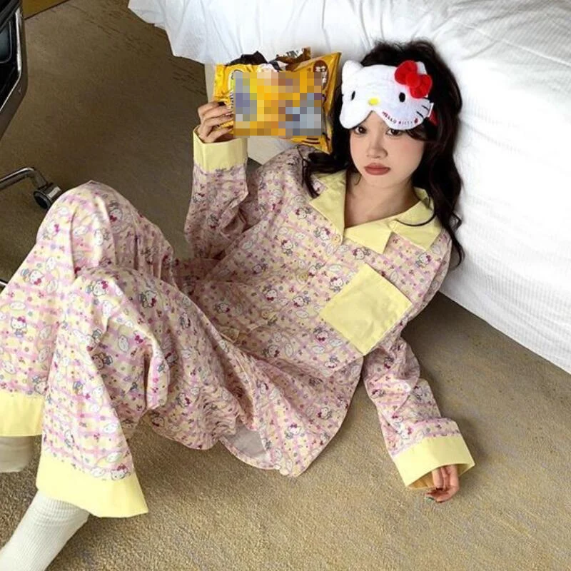 

Милые аниме-пижамы с котятами для женщин, комплекты с длинными рукавами и брюками в мультяшном стиле, удобные домашние костюмы для подростков и девушек