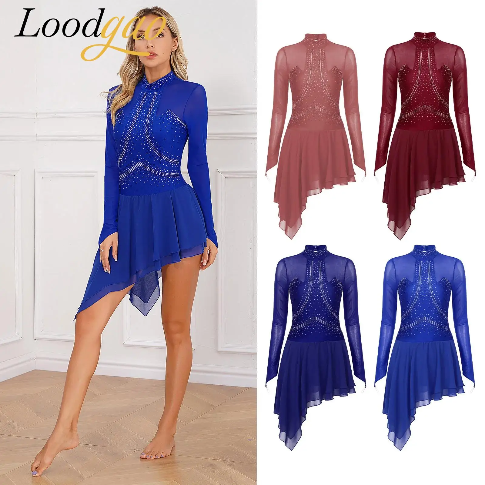 

Womens Figure Skating Leotard Lyrical Costume Sheer Mesh Ballet Dress Long Sleeve Modern Dance Gymnastics Ballroom Dancewear