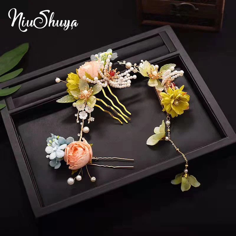 NiuShuya Chinese Hanfu Hair Accessories Vintage Artificial Flower Design Handmade Haircombs Traditional Headpiece Jewelries