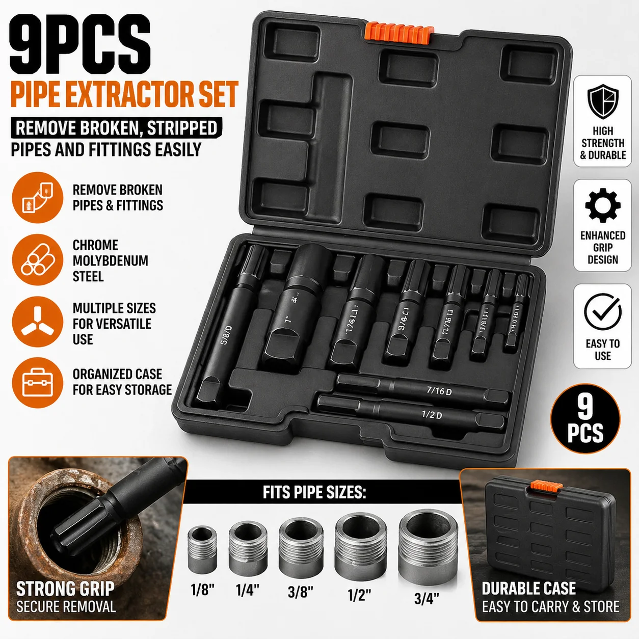 

9PCS CR-MO Steel Pipe Extractor Set Multi-Size Broken Stripped Thread Remover Internal Grip Plumbing Repair Tool Kit