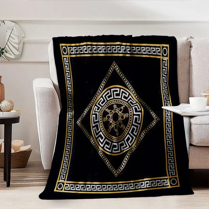 Luxury Greek Key Pattern Throw Blanket Black Gold Geometric Meander Decorative Throw for Sofa Couch Bed Winter Cozy Plush